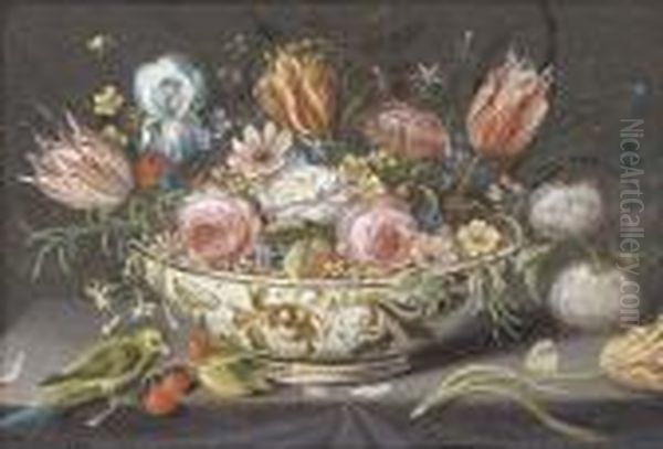 Carnations, Roses, Tulips And 
Other Flowers In A Porcelain Bowl On A Ledge With A Finch, Cherries And A
 Butterfly Oil Painting by Jan van Kessel