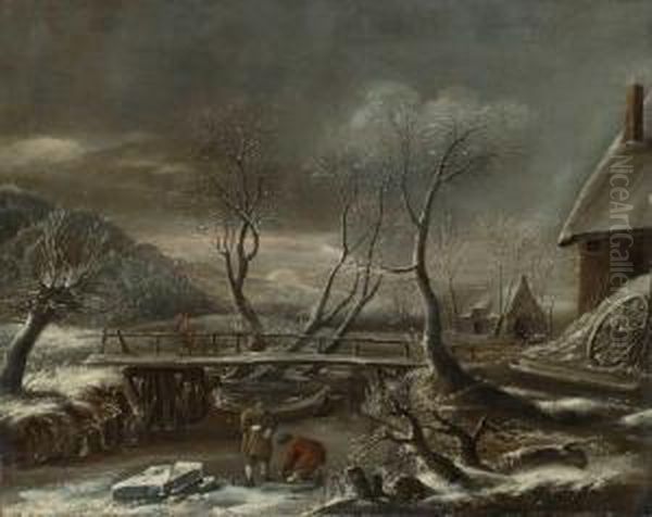 Winterlandschaft Mit Einer Holzbrucke Uber Einem Kanal Oil Painting by Jan van Kessel