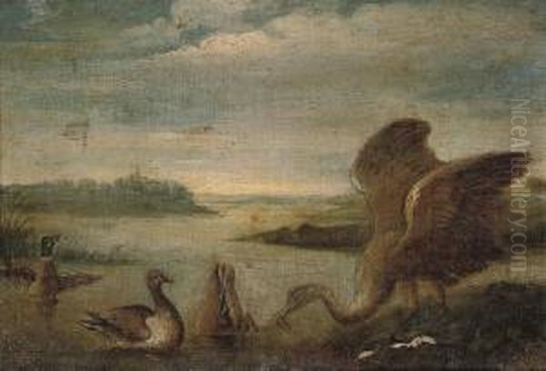 A River Landscape With A Heron And Ducks Oil Painting by Jan van Kessel