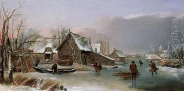 Winterlandschaft Mit Zugefrorenem Kanal. Oil Painting by Jan van Kessel