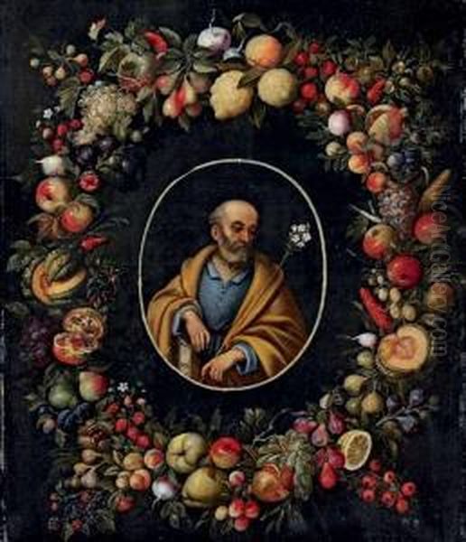 Saint Joseph In An Oval Surround With A Garland Of Flowers And Fruit Oil Painting by Jan van Kessel