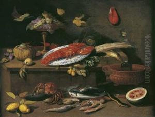 Nature Morte Aux Plat De Homard, Coupe De Raisins Et Oil Painting by Jan van Kessel