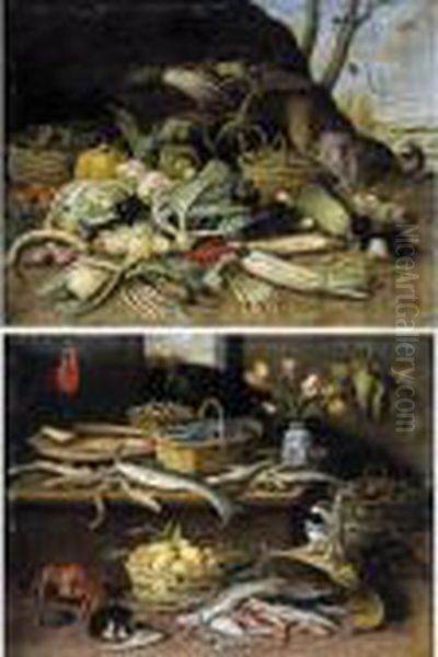 A Still Life Set In An Interior 
With Various Fish And Eels, A Lobster, Snails, Oysters, Two Cats, Lemons
 And Tangerines In A Basket, Tulips In A Vase Oil Painting by Jan van Kessel