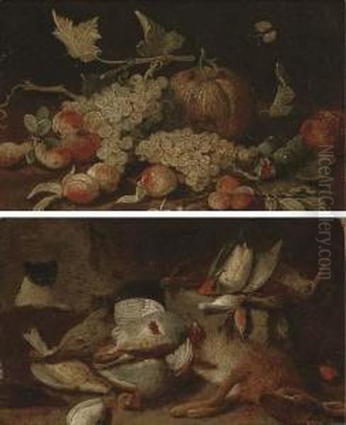 Grapes, Peaches, Figs, Apricots 
And A Pumpkin On A Wooden Ledge,with A Cabbage White Butterfly Oil Painting by Jan van Kessel