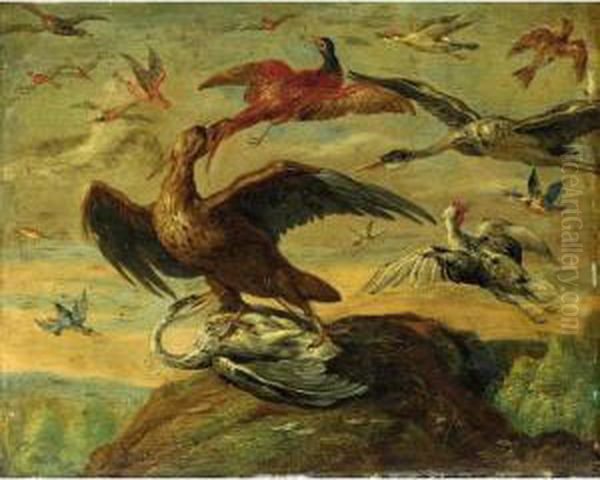 A Still Life With An Eagle, 
Stalks, A Pheasant, A Chicken, Kingfishers And Other Birds In A 
Landscape Oil Painting by Jan van Kessel