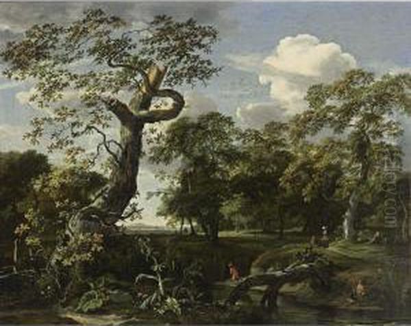 A Wooded River Landscape With Fishermen, A Hunter And Travellers Oil Painting by Jan van Kessel