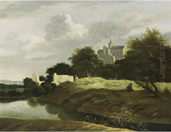 A Wooded Landscape With A Small 
River In The Foreground And Ruins Nearby, A View Of A Castle Beyond Oil Painting by Jan van Kessel