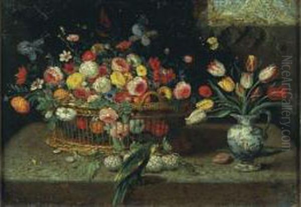 Nature Morte Aux Panier, Vase De Fleurs Et Perroquet Sur Un Entablement Oil Painting by Jan Iii Van Kessel