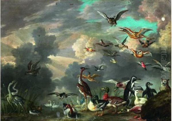 Oiseaux Et Autres Volatiles Pres De La Riviere Oil Painting by Jan Iii Van Kessel