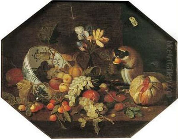 Nature Morte A La Coupe De Fruits Et Petit Singe Oil Painting by Jan Iii Van Kessel