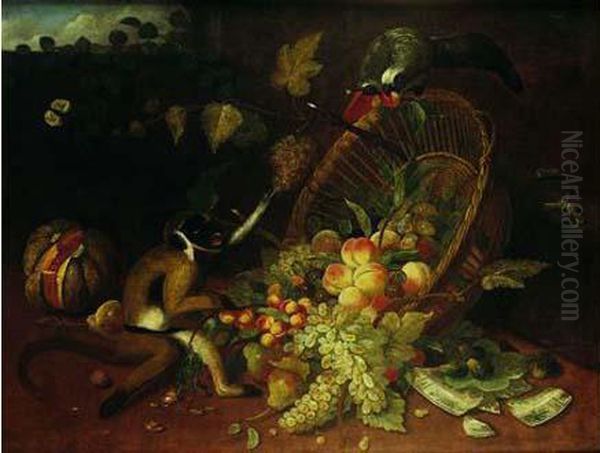 Singe Et Perroquet Bousculant Une Corbeille De Fruits Oil Painting by Jan Iii Van Kessel