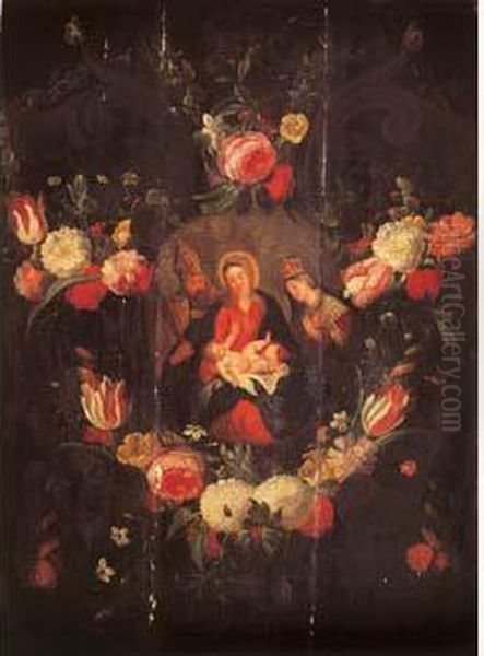  Vierge A L'enfant Entre Saint Gregoire Et Sainte Catherine Dans
 Une Guirlande De Fleurs  Oil Painting by Jan Iii Van Kessel