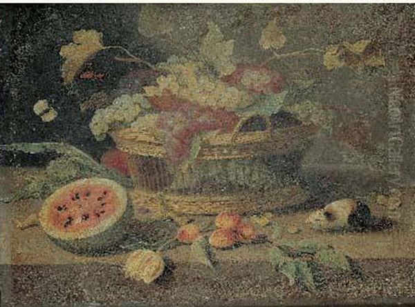 Nature Morte Au Panier De Raisins, Abricots Et Pasteques Sur Un Entablement Oil Painting by Jan Iii Van Kessel