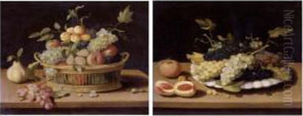 Still Life Of Fruit In A Basket 
And Still Life Of Grapes On A White Plate: A Pair Of Paintings Oil Painting by Jan Iii Van Kessel