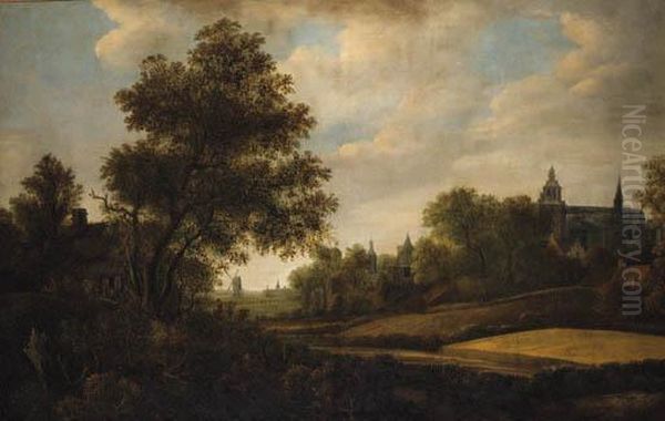 A Landscape With Peasants Outside A Cottage Near A Hamlet, Awindmill Beyond Oil Painting by Jan Iii Van Kessel