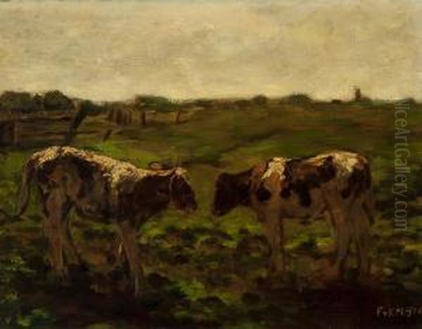 Two Young Cows Oil Painting by Fedor Van Kregten