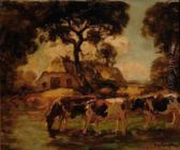 Three Cows By A Farm Oil Painting by Fedor Van Kregten