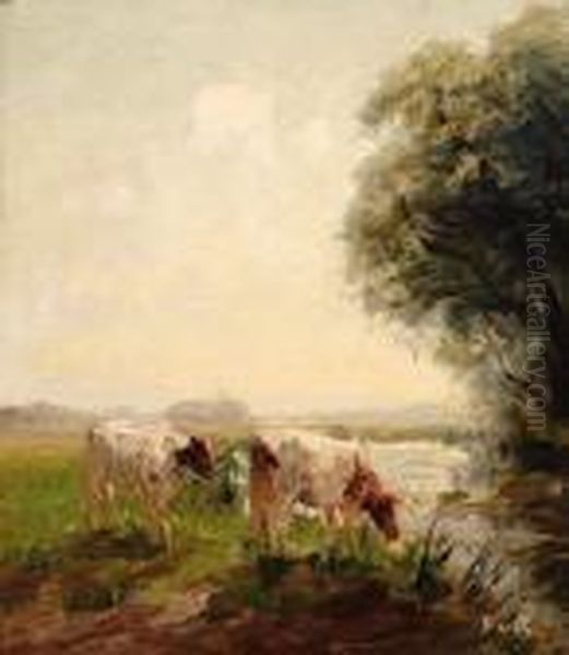 Cows Along A Ditch Oil Painting by Fedor Van Kregten