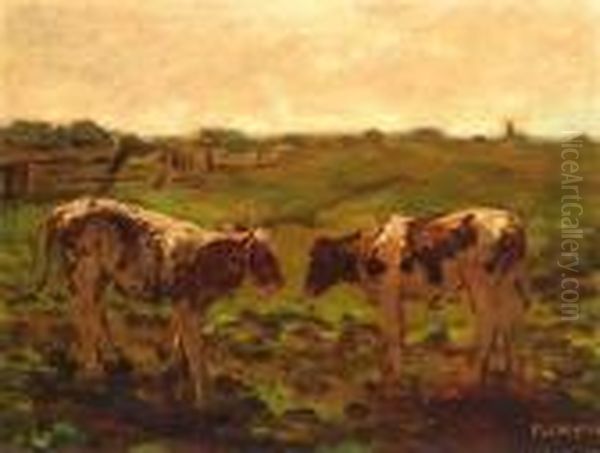 Two Heifers Oil Painting by Fedor Van Kregten