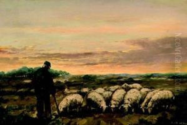 Herder Met Schapen Op De Heide Oil Painting by Fedor Van Kregten