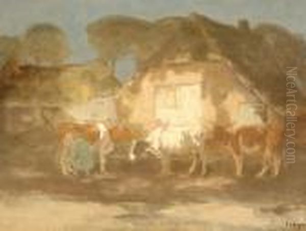 Milking Time In The Farm-yard Oil Painting by Fedor Van Kregten