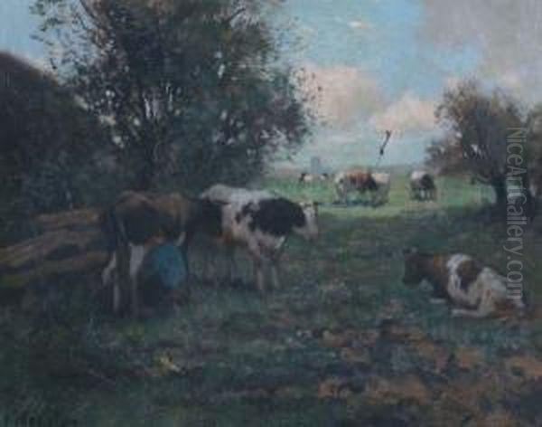 Twee Koeien Aan De Waterkant Oil Painting by Fedor Van Kregten