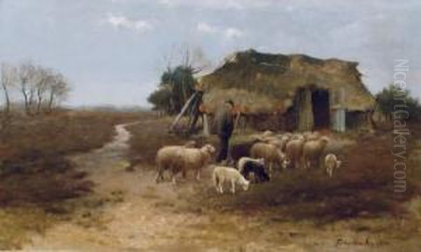 Schafer Mit Seiner Herde Vor Dem Stall Oil Painting by Fedor Van Kregten