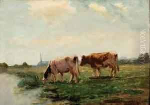 Koeien Aan De Waterkant Oil Painting by Fedor Van Kregten