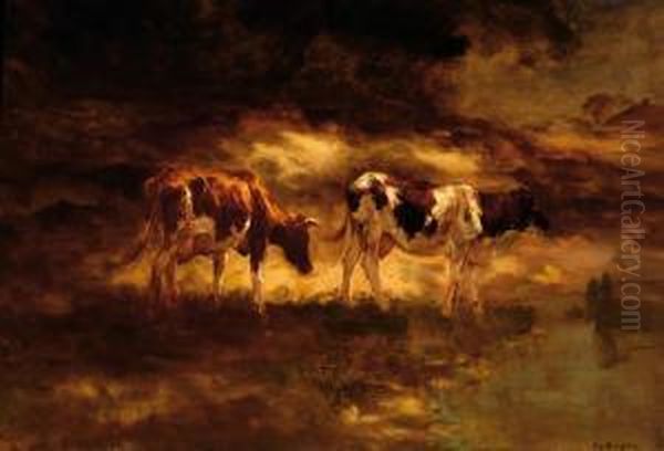 Two Cows Oil Painting by Fedor Van Kregten