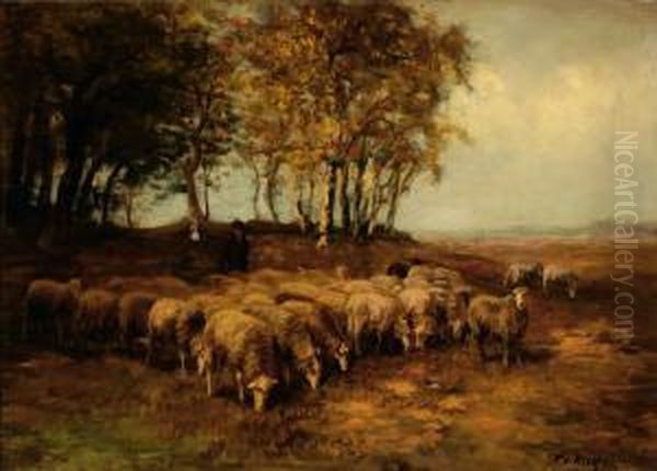 Shepherd With His Flock Of Sheep Oil Painting by Fedor Van Kregten