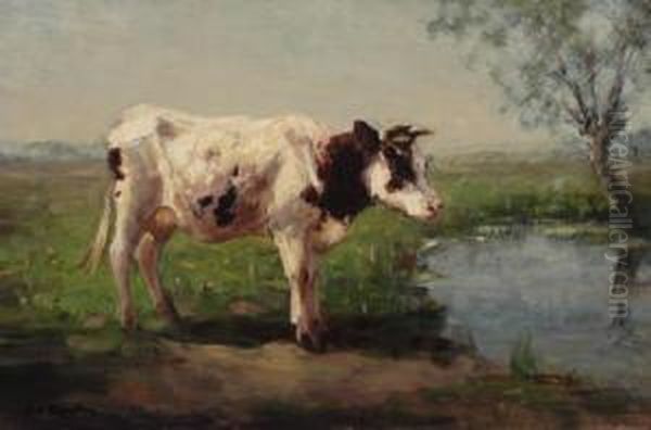 Cow Near A Ditch Oil Painting by Fedor Van Kregten