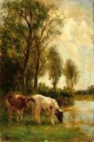 Two Cows By The Water Oil Painting by Fedor Van Kregten