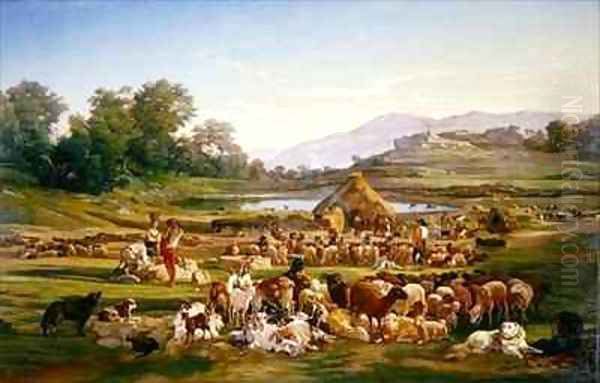 Shepherds with Sheep Oil Painting by Gregoire Isidore Flacheron