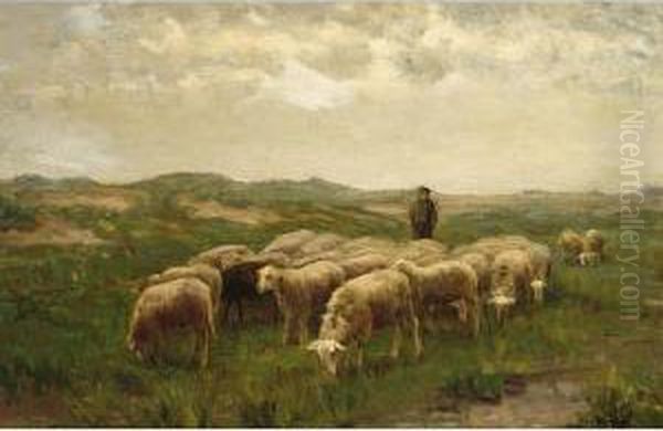 A Shepherd With His Flock In The Heathland Oil Painting by Fedor Van Kregten