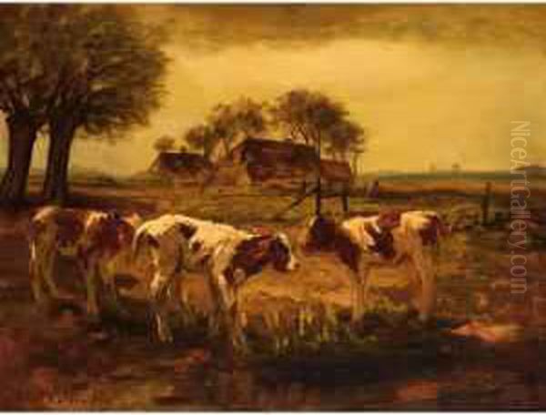 Calfs In A Landscape Oil Painting by Fedor Van Kregten