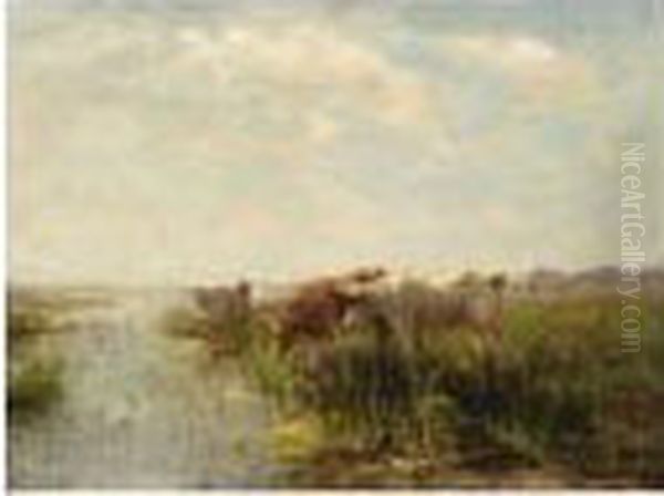 Cows In A Polder Landscape Oil Painting by Fedor Van Kregten