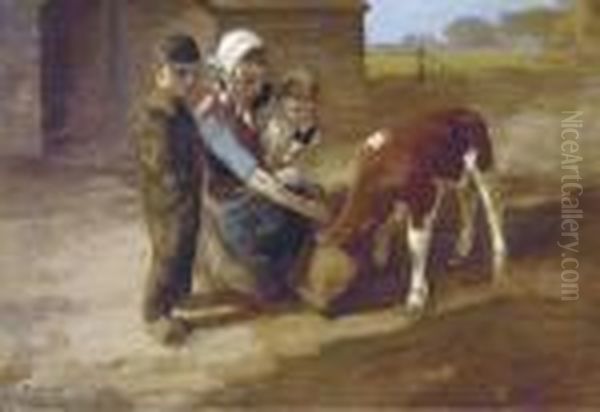 Feeding The Little Calf Oil Painting by Fedor Van Kregten