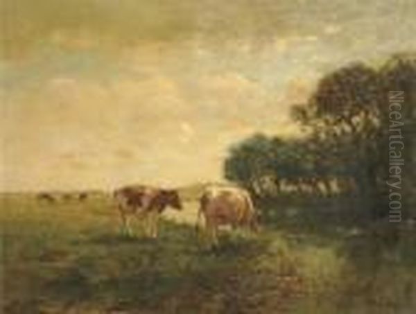 Cows By A Stream In A Polder Landscape Oil Painting by Fedor Van Kregten