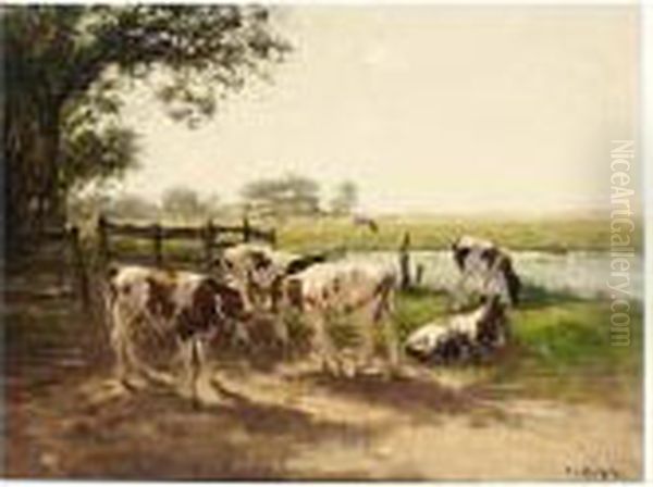 Cows In A Meadow Oil Painting by Fedor Van Kregten