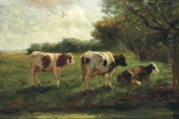 Cows In A Sunlit Polder Landscape Oil Painting by Fedor Van Kregten