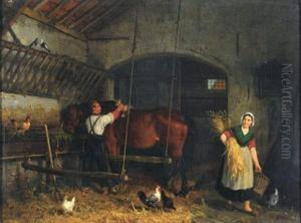 In De Paardenstal (1863) Oil Painting by Jean Louis van Kuyck