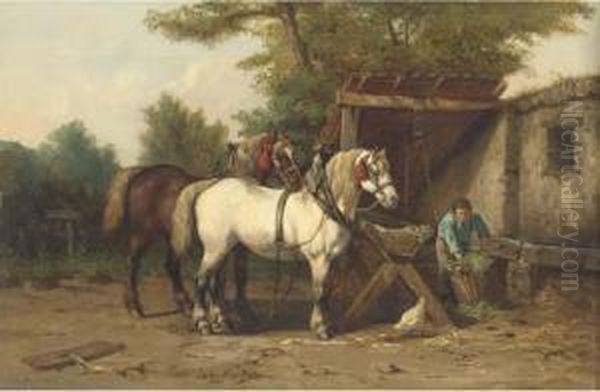 Feeding The Horses Oil Painting by Jean Louis van Kuyck