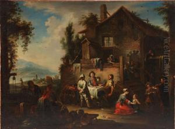 Esterno Di Osteria Di Campagna 
Con Avventori , Suonatore Di Violino E Armenti Sullo Sfondo Oil Painting by Pieter Van Laer (BAMBOCCIO)