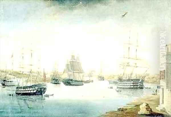 View from the Mahon Door from the Fonduco with Various Foreign Frigates Oil Painting by Joan Font