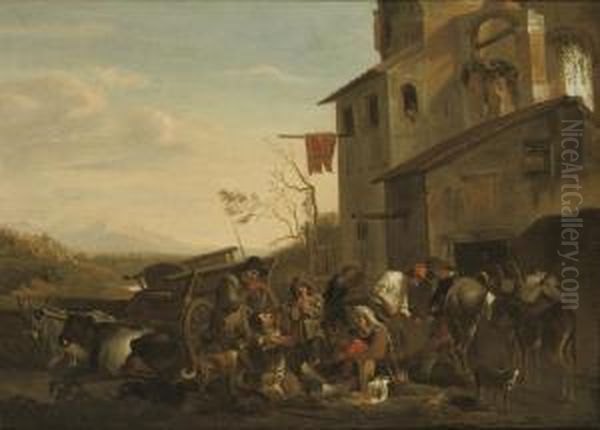 Peasants Eating Outside A Town In An Italianate Landscape Oil Painting by Pieter Van Laer (BAMBOCCIO)