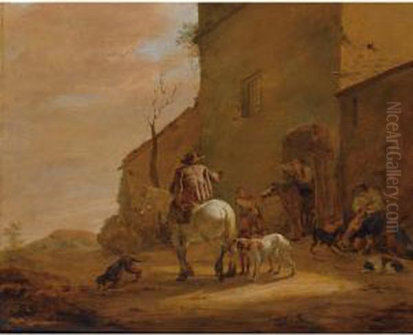 A Landscape With Horsemen 
Leaving An Inn, Together With Their Dogs, A Man Feeding Other Dogs To 
The Right Oil Painting by Pieter Van Laer (BAMBOCCIO)