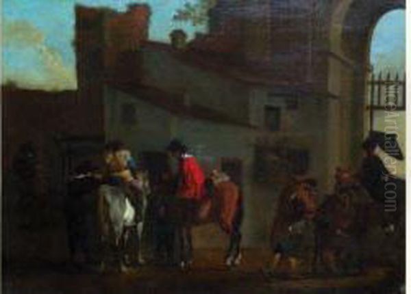  Cavaliers Dans Une Cour D'auberge  Oil Painting by Pieter Van Laer (BAMBOCCIO)