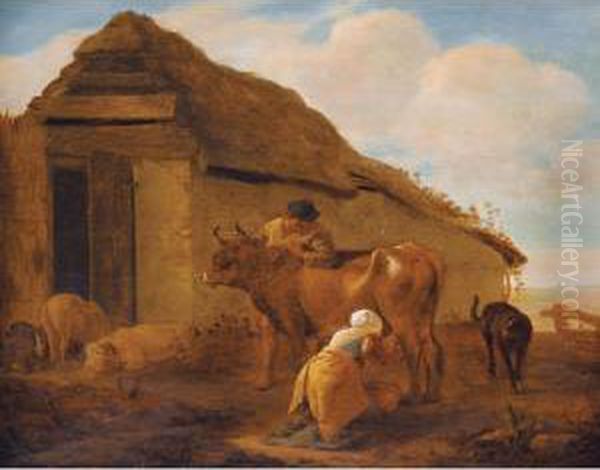 Landscape With A Milkmaid A Cow And Livestock Oil Painting by Pieter Van Laer (BAMBOCCIO)