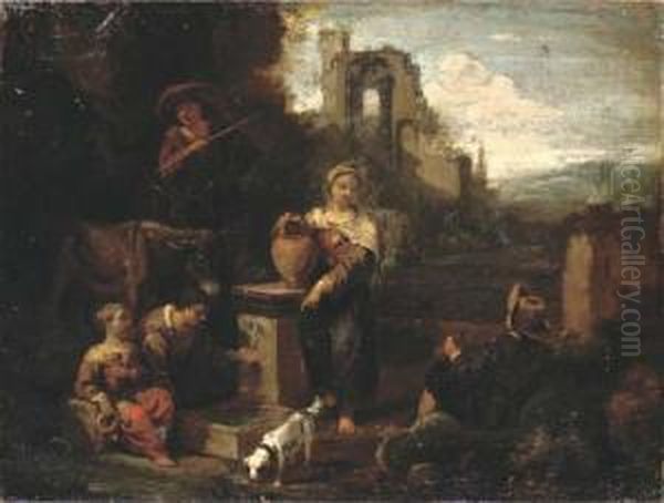 An Italianate Landscape With Figures Resting By A Well, Classicalruins Beyond Oil Painting by Pieter Van Laer (BAMBOCCIO)