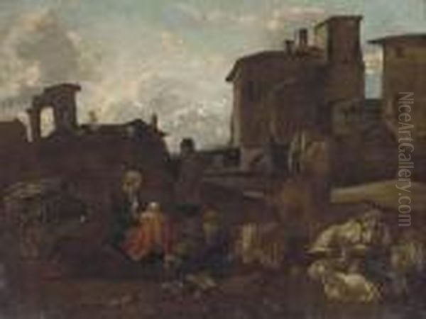 An Italainate Landscape With A Drover, His Family And Cattle Oil Painting by Pieter Van Laer (BAMBOCCIO)